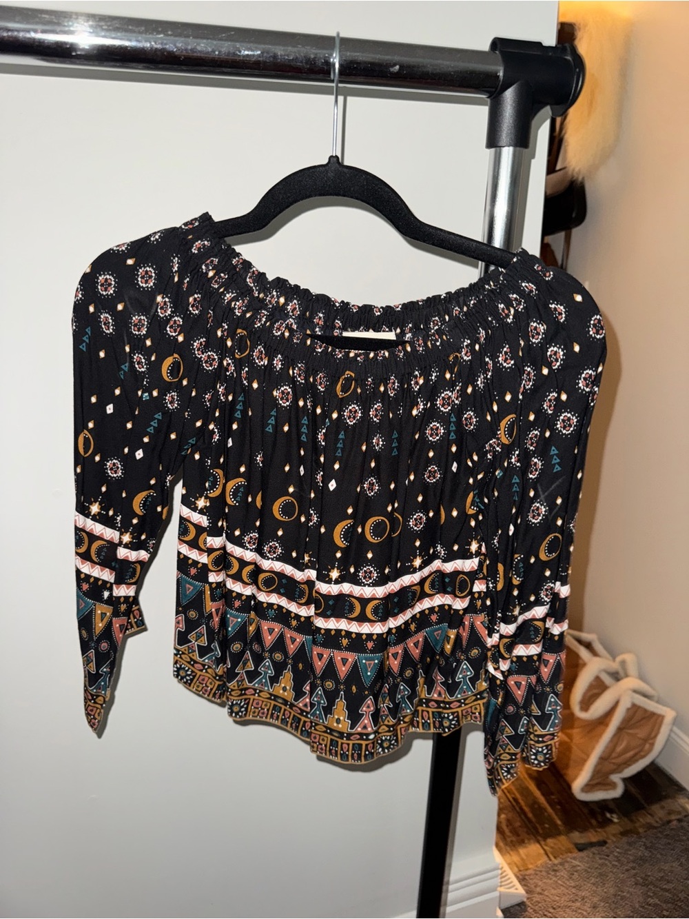 Cleobella Black Boho Off-Shoulder Top with Gold & Teal Accents